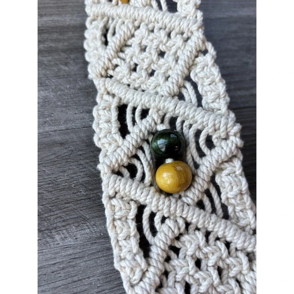 Crochet Belt Ivory Macrame Fringe Wooden Beads Size S